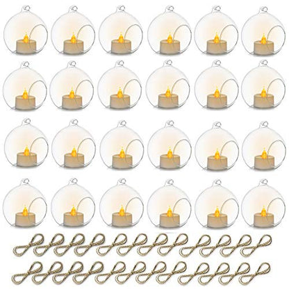 NUPTIO Hanging Glass Tealight Holders with LED, 24 Pcs, 3.15 Inch | Includes Flameless Lights, Clear Votive Globes, Ready to Hang, for Terrariums, Gardens, Weddings, DIY Gifts - size: 3.15 inches