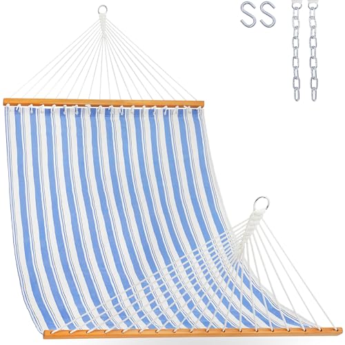 Lazy Daze Double Textliene Quick Dry Hammock with Spreader Bar for Outdoor | 11 Ft Hammock for 2 Person, Weather Resistant Fabric, 450 Lbs Capacity, Hammock Bed 78 x 55 In with Carabiners, Chains - color: Blue Stripes