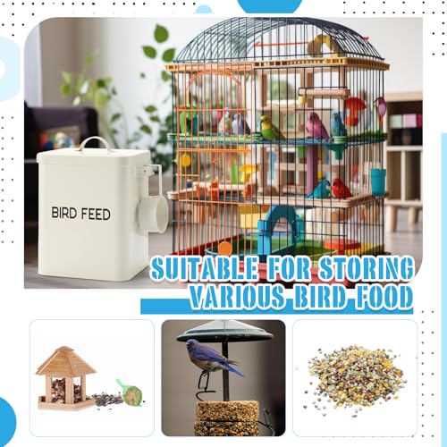 Reallnaive 2 Pcs Metal Bird Seed Container with Scoop,White | Bird Feed Storage Container with Fitted Lid, Farmhouse Style Ideal Gift for Birds and Pet Owners - color: White
