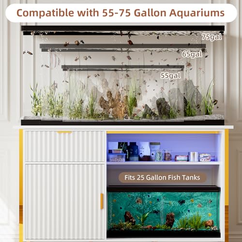 55-75 Gallon Fish Tank Stand, Aquarium Stand with LED Light, White & Gold | 49 x 20 In Top, Modern Fluted Design, 2 Outlets, 2 USB Ports, Shelf Storage, Metal Frame Support, 1100 LBS, Turtle Tank Stand - color: White and Gold