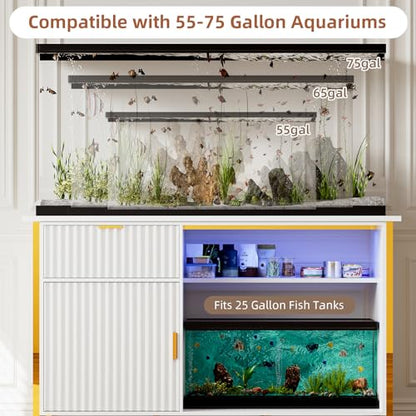 55-75 Gallon Fish Tank Stand, Aquarium Stand with LED Light, White & Gold | 49 x 20 In Top, Modern Fluted Design, 2 Outlets, 2 USB Ports, Shelf Storage, Metal Frame Support, 1100 LBS, Turtle Tank Stand - color: White and Gold