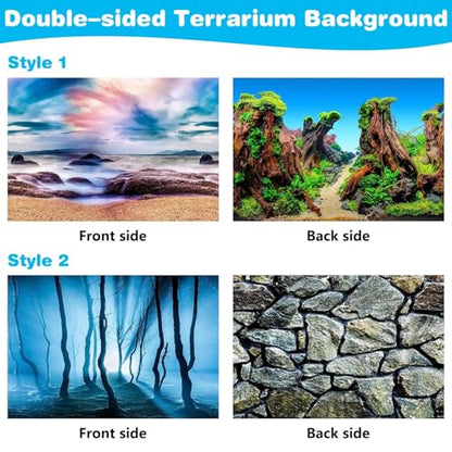 PINVNBY Reptile Terrarium Background 2 Pack 47 x 20 inches Double-Sided Reptile Tank Background Polyester Reptile Habitat Decor with Tape Green Plants & Natural Rock Aquarium Decoration - size: M: 47" x 20"