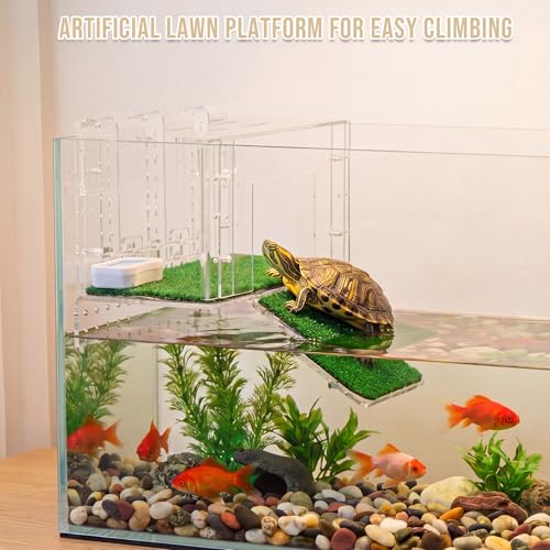 Gerrii Adjustable Turtle Basking Platform with Non-Slip Artificial Grass Ramp, 11.2 x 6.3 x 5.5 in Clear Acrylic Aquatic Turtle Topper Tank, Hanging Reptile Resting Dock with Feed Bowl for Aquarium