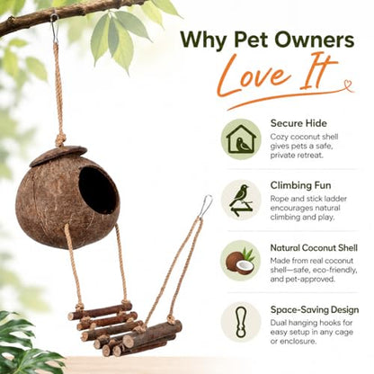 Hanging Coconut Hide for Crested Hide Hut with Climbing Ladder, Natural Shell Cave Hideout for Leopard Reptiles