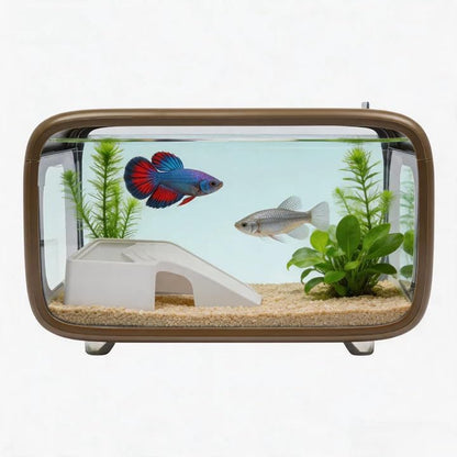 Desktop Fish Tank, 3.2Gal Small Betta Fish & Turtle Tanks, Aquarium Bowl with Detachable Basking Platform, Multi-Functional Areas Aquascape Tanks for Fish Terrapin Frog Shrimp Crab (Brown) - color: Brown