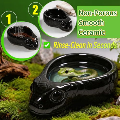Reptile Water Dish, Ceramic Snake Water Bowl for Snake, Leopard Gecko, Bearded Dragon and Lizard, Reptile Bathing Pool Food Feeding Dish, Terrarium Tank Accessories (Black) - color: Black