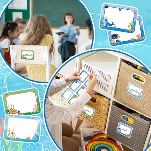 JarThenaAMCS 180 Pcs Ocean Animal Name Tag Stickers Under the Sea Nameplates Cartoon Marine Fish Self-Adhesive Label Decals for Back to School Students Teacher Desk Classroom - style: Ocean Sea