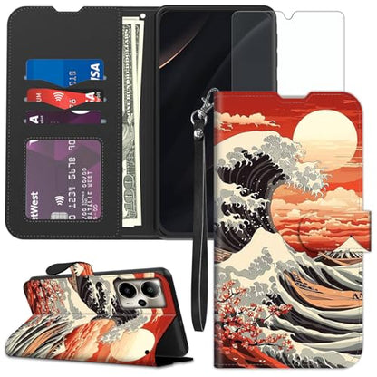 for Cricket Outlast 5G 2024 Wallet case with RFID Blocking Credit Card Holder Kickstand, Folio Flip PU Leather Shockproof Protective Cover for AT&T Motivate Pro 5G, Sea Wave - color: Sea Wave