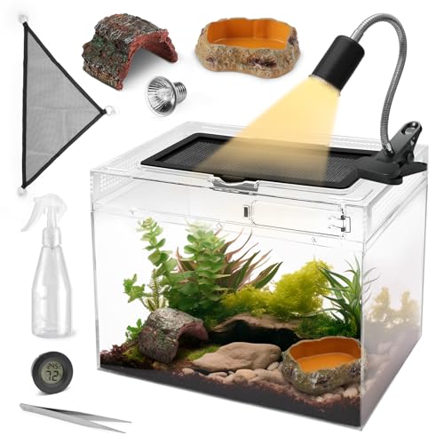 AZV Small Habitat Terrarium Enclosure, and Large Reptile Terrarium,Reptile Tank 15x8x10in Amphibian Isopod Tank Starter Kit with Bearded Dragon Hammock,Heat Lamp,Hide Cave for Geckos Lizard