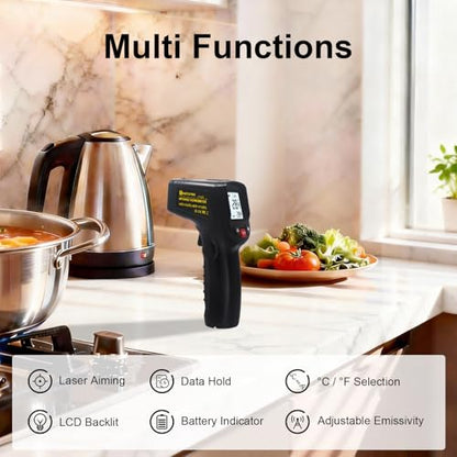 KETOTEK Infrared Thermometer Non Contact IR Digital Laser Temperature Gun -50℃～600℃ (-58℉～1112℉) Adjustable Emissivity Thermometer Gun for Cooking - color: Black