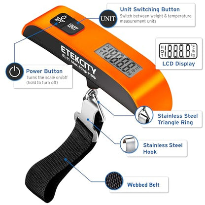 Etekcity Luggage Scale, Digital Suitcase Weight Scale for Travel, 110 lb | Travel Essentials, Air Travel, Suitcase, Hanging Hook, Rubber Grip, Battery Included, Easy-to-Read Display - color: Orange