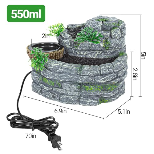REPTI ZOO Reptile Water Fountain with Food Dish, 550ML Terrarium Waterfall Drinking Fountain for Bearded Dragon Gecko Chameleon Lizard Tree Frog Turtle, Reptile Water Dispenser, Keep Water Clear