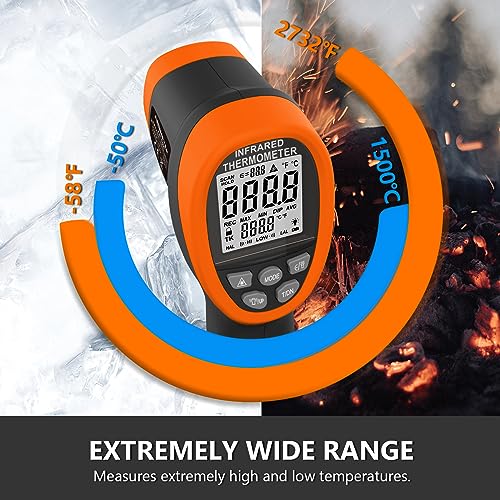 HOLDPEAK Pyrometer D:S=30:1, High Temp Infrared Thermometer -58℉~2732℉, Non-Contact Industrial Laser Thermometer Gun, Digital IR Temperature Gauge 2732 (NOT for Human) - color: 1PC-2732-ORANGE(-50~1500℃)