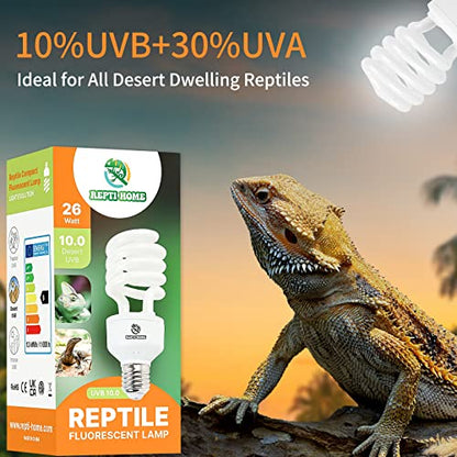 UVB Reptile Light 10.0, 26W Desert UVA UVB Bulb for Reptiles, Compact Desert Terrarium Lamp, Reptile UVB Light Bulb for Bearded Dragon, Lizard, Tortoise, Snake, Gecko - size: 10.0-26