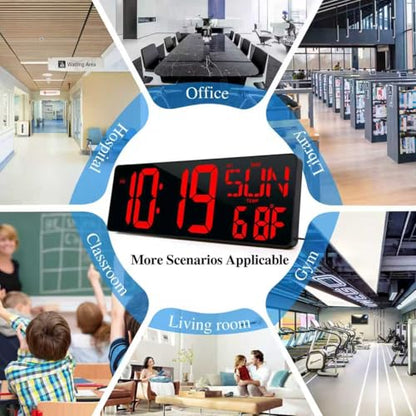 16.5 Digital Wall Clock Large Display, LED Wall Clock with Date and Temperature,Count Up/Down Timer Clock with Remote Control, Adjustable Brightness Alarm Clock for Home, Office, Gym, Elderly - color: 17''-red-remote