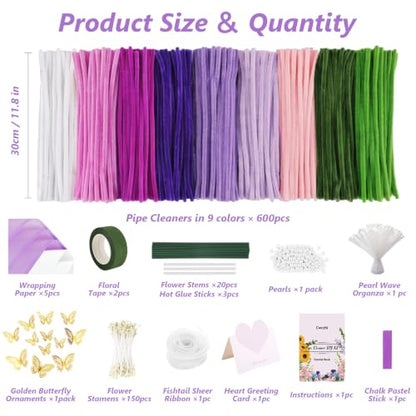 Cwczhi 600 PCS Pipe Cleaners Craft,9 Colors Purple Pipe Cleaner Flower Kit | with Instructions,Floral Wires,Stamen,Wrapping Paper& Ribbon,Art and Craft Supplies - color: purple