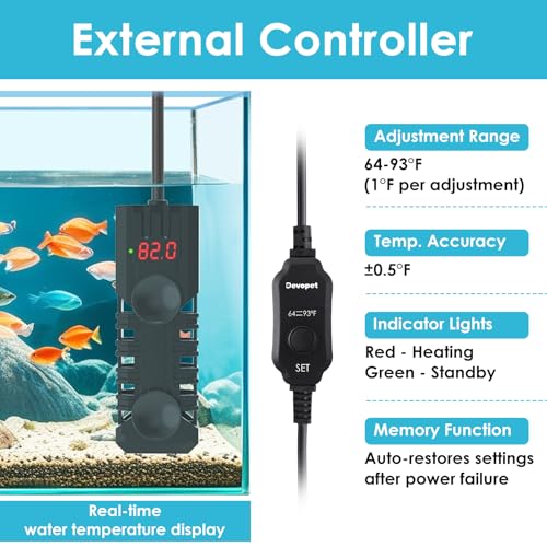 100W Aquarium Heater, Adjustable Fish Tank Heater, with Digital Display, Overheat Protection & Dry Run Protection, for 10-20 Gallon Water - size: For 10-20 Gal