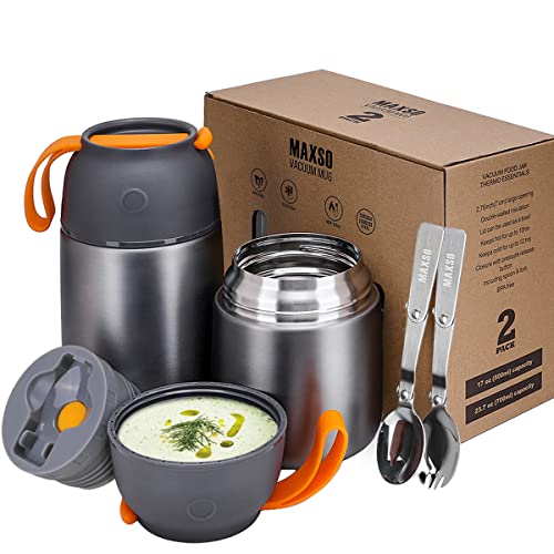 MAXSO 2 Pack Soup Thermo for Hot & Cold Food for Kids Adults, Vacuum Insulated Food Jar Thermal Lunch Containers, Travel Food Flask with Spoon (24 oz,17 oz) (Grey) - color: A-Grey