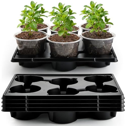 RooTrimmer 30 Pack 6 Inch Clear Nursery Pots and 5 Pack 6 Cell Round Plant Pot Trays, Sturdy Seeds Starting Germination Shuttle Carrying Trays, Planter Nursery Propagation 5 Sets - color: Black + Clear, size: 6 Inch 30 Pack Pots With 5 Pack Trays