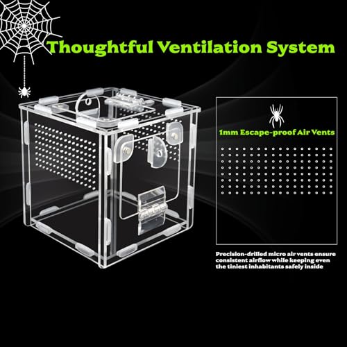 Jumping Spider Enclosure, Small Reptile Terrarium for Tarantula Hermit Crab Praying Mantis, Acrylic Insect Habitat with Magnetic Front & Top Opening (4.52" x 4.52" x 4.52") - size: Small Szie