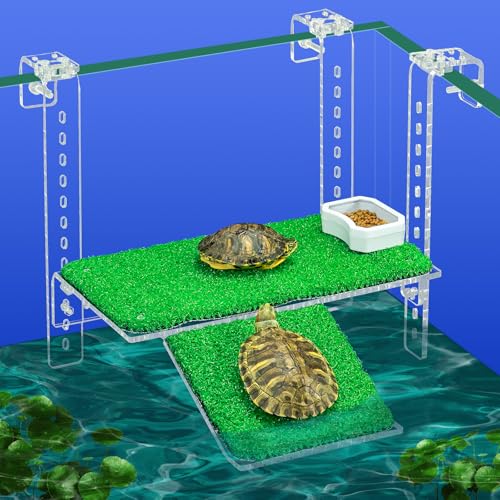 Adjustable Hanging Acrylic Turtle Basking Platform with Ramp 11x5.8 | Anti-slip grass deck for safe basking; adjustable clips fit most rims. Sturdy acrylic ramp, easy setup. Clear view. - size: 11x5.8 Inch