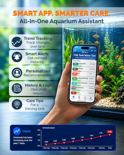 Digital Aquarium Water Test Kit, App-Enabled 10-in-1 Fish Tank Test Kit for Freshwater & Saltwater, Aquarium Test Strips for Fish Tanks, Reef, pH, Ammonia, Nitrate, Nitrite, GH, KH, Chlorine