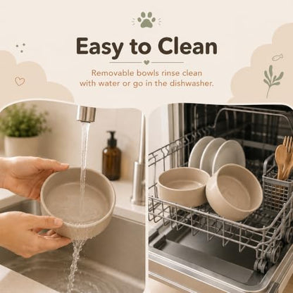 Havniva Raised Cat Bowl 5.1” Elevated Ceramic Cat Food and Water Bowl Set | Cat Bowls Elevated, Whisker Friendly Cat Bowl, Non-Slip Wood Stand, Food-Grade Ceramic, Wide Opening, Dishwasher Safe - color: Greige, size: 2 Bowls+Tray - 5.1"