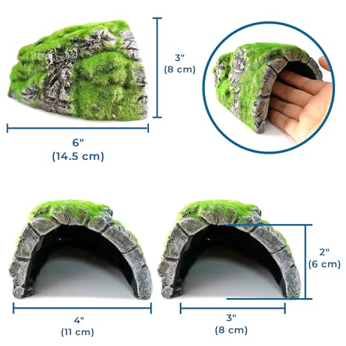 SunGrow Reptile Hideout Cave with Artificial Moss, Rock Habitat Shelter for Lizards, Snakes, Geckos, Frogs & Aquariums, Durable Resin Cave Decor, 6 x 3 x 4 Inches
