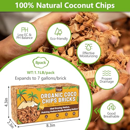 8 Pack Coco Chips for Plants- 8.8lb Organic Coconut Husk Potting Mix | Coconut Mulch Coco Husk Chips for Garden, Potted Plants, Orchid Repotting Soil Mix, High Expansion & Moisture Retention - size: 8 Pack