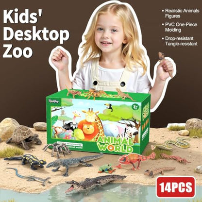14PCS Reptile Animal Figurines Toys Amphibians Diorama Toys for Kids 3+ | Solid, Safe, Play Figure Playsets with Axolotl, Horned Lizard, Snake, Spider, Chameleon, Fire Salamander, Crocodile Figures - style: 14PCS Reptile Animals-2