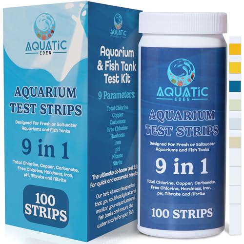 9-in-1 Aquarium Water Test Kit - 100 Freshwater & Saltwater Test Strips | Fish Tank Kit for pH, Nitrate, Nitrite, Hardness, Chlorine, Iron, Copper, Alkalinity, Carbonate | Quick & Reliable Results