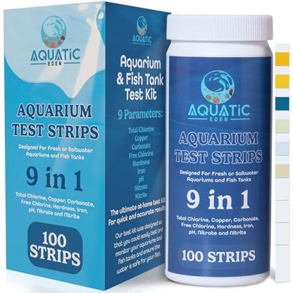 9-in-1 Aquarium Water Test Kit - 100 Freshwater & Saltwater Test Strips | Fish Tank Kit for pH, Nitrate, Nitrite, Hardness, Chlorine, Iron, Copper, Alkalinity, Carbonate | Quick & Reliable Results