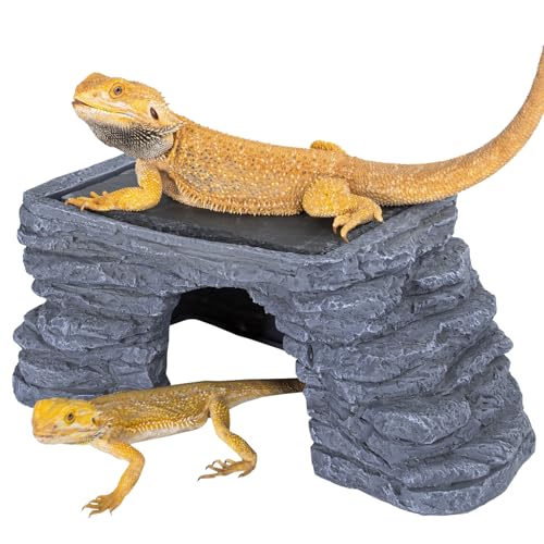 REPTI ZOO Large Bearded Dragon Basking Platform, 12.5x7x5 inch Gecko Hide Cave with Heat Storage Slate Stone, Reptile Basking Rock Climing Hideout for Leopard Crested Gecko Lizard Turtle