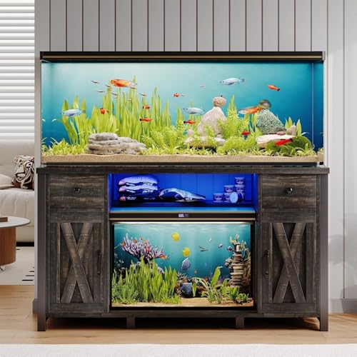 55-75 Gallon Fish Tank Stand, Aquarium Stand with Storage, Dark Oak | 52 x 20 In Top, Farmhouse Turtle Tank Stand, 2 Drawers & 2 Barn Doors, LED Light, Power Outlets, Shelf Storage, Heavy Duty - color: Dark Oak