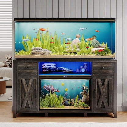 55-75 Gallon Fish Tank Stand, Aquarium Stand with Storage, Dark Oak | 52 x 20 In Top, Farmhouse Turtle Tank Stand, 2 Drawers & 2 Barn Doors, LED Light, Power Outlets, Shelf Storage, Heavy Duty - color: Dark Oak