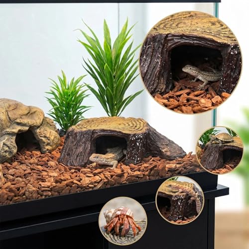 Reptile Bark Hide Cave, Resin Simulation Cork Bark Hideout, Bark Terrarium Decor, Hollow Shelter Habitat Ornament for Lizard, Gecko, Snake, Frog - color: wood-3