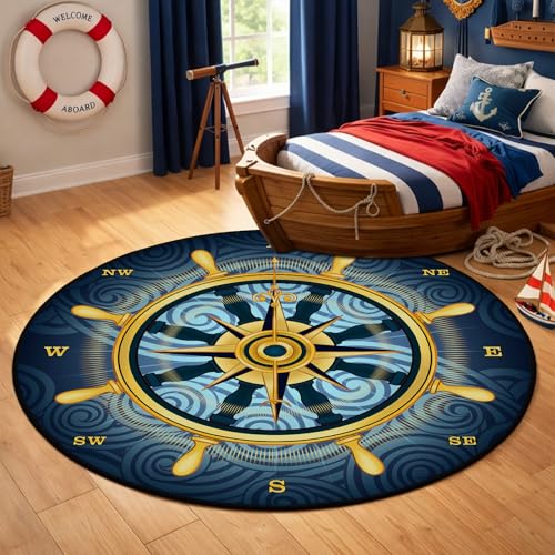 keepcute 6 ft Round Compass Rose Area Rug Nautical Non Slip Floor Mat - color: Gold Compass Rose, size: 6' (Round)