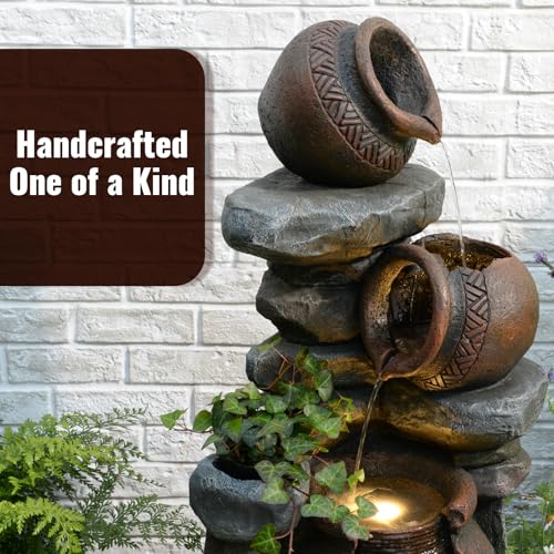 Rustic Jar Outdoor Water Fountain with Planter 38.5" Large Tiered Waterfall with Warm LED Lights, Handcrafted Resin Fountain for Zen Garden, Deck & Indoor Home Decor