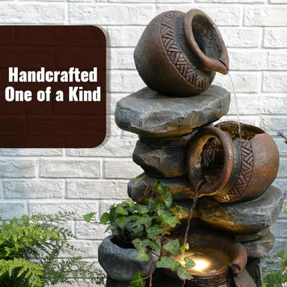 Rustic Jar Outdoor Water Fountain with Planter 38.5" Large Tiered Waterfall with Warm LED Lights, Handcrafted Resin Fountain for Zen Garden, Deck & Indoor Home Decor