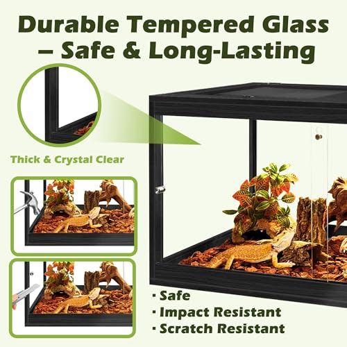 82 Gallon Bearded Dragon Tank, 48 x 20 x 20 Inch Tempered Glass Reptile Enclosure with Metal Mesh Top, Lockable Sliding Front Doors, Large Lizard and Snake Terrarium, Black - color: Black, size: 82 Gallon (48x19.5x19.5 Inch)