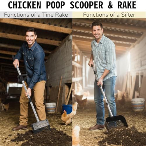 Chicken Poop Scooper & Rake 2-in-1, Adjustable Steel Handle Chicken Poop Shovel (24"-63.7"). Chicken Coop Scoop for Chicken Coop and Pet Poop Cleaning with Ergonomic Grip-Honeycomb