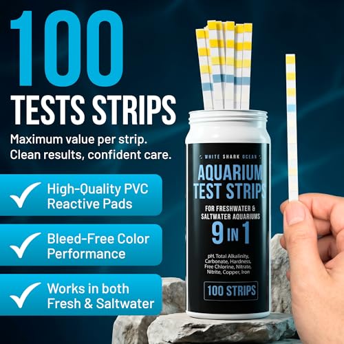 9-In-1 Aquarium Test Strips – 100 Strips for Freshwater & Saltwater | Tests pH, Nitrate, Nitrite, Hardness, Chlorine, Copper, Iron, Carbonate & Alkalinity | Fast Results for Fish Tank & Reef Aquariums - style: 9-In-1 Test Kit