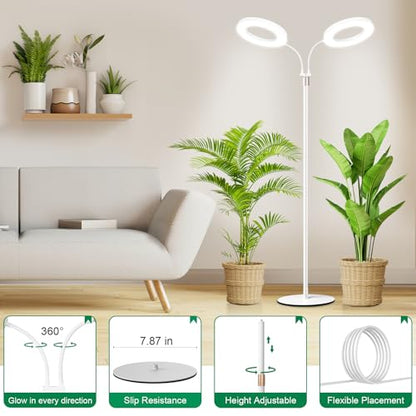LBW Dual Head Grow Light with Stand for Indoor Plants, Full Spectrum Grow Light for Multiple Tall Plants, Adjustable Height up to 68", Auto Cycle Timer 6/8/12/16H, 5-Level Dimmable, 3 Lighting Modes - size: 2 Head 6.3" White