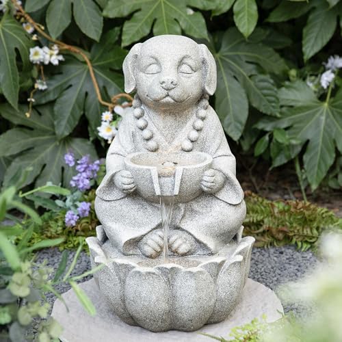 Glitzhome Water Fountain Outdoor, Outdoor Fountain with Lights&Pump, 22" H 2-Tiered Concrete Dog Statue Zen-Style Water Fountain Polyresin Water Feature for Home Patio Garden Backyard Decor - color: Concrete Dog, size: 22"H