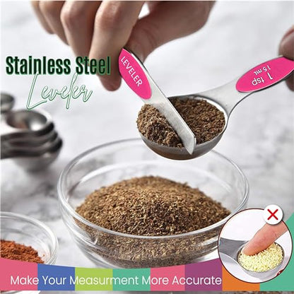 Magnetic Measuring Spoons Set of 9 Stainless Steel Dual-Sided Stackable Measuring Spoon Nesting Teaspoons Measuring Dry and Liquid Ingredients, Fits in Spice Jars Set of 9 (Pink) - color: Pink