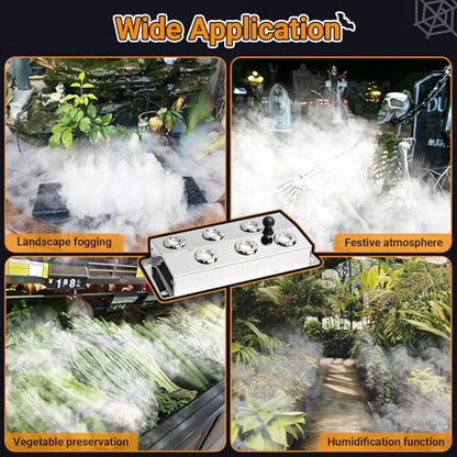 Ultrasonic Mist Maker Fogger 6 Heads, 5000ml/H Ultrasonic Fogger | 200W & IP67 Power Supply, with 2 Floats & 6 Atomizer Heads Replacements for Fountain Pond, Halloween - size: 6 Heads