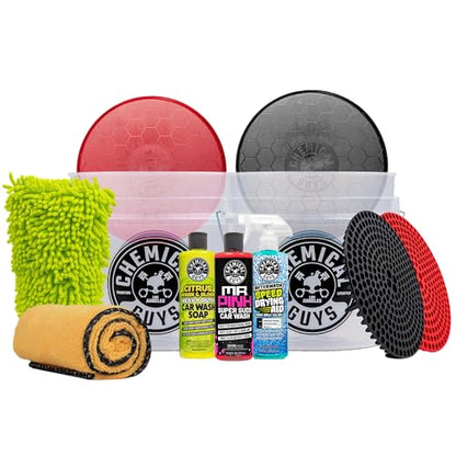 Chemical Guys Two Car Wash Bucket Kit with Dual Dirt Trap Filters, Chenille Wash Mitt, Mr. Pink, Citrus Wash, After Wash, and Drying Towel - 11 Items - Two Bucket Method Complete Setup | Two buckets with dirt traps, chenille mitt, Mr. Pink, Citrus Wash, A