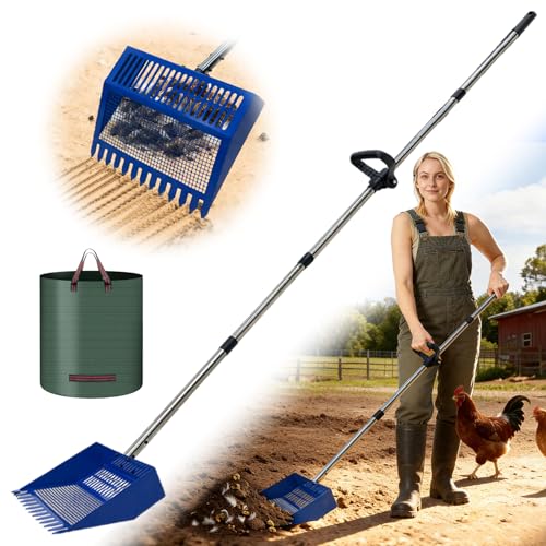Chicken Poop Scooper & Rake, Stainless Steel Shovel Head Chicken Coop Scoop with Reuseable Yard Waste Bags, Adjustable Stainless Steel Handle 28"-68", Chicken Scooper for Chicken Coop Cleaning Tool
