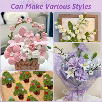 Cwczhi 600 PCS Pipe Cleaners Craft,9 Colors Purple Pipe Cleaner Flower Kit | with Instructions,Floral Wires,Stamen,Wrapping Paper& Ribbon,Art and Craft Supplies - color: purple