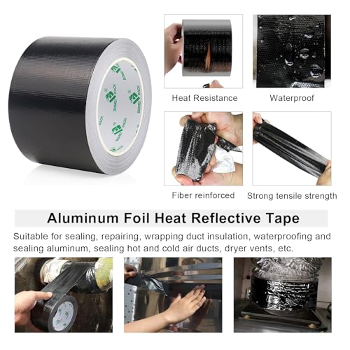 BOMEI PACK Adhesive Black Aluminum Foil Heat Shield Tape Barrier 3in x 66ft, Fiberglass Thermal Insulation Reflective Material High Temp Protection 1 Pack - size: 7.62 cm x 20.12 m x 0.14 mm